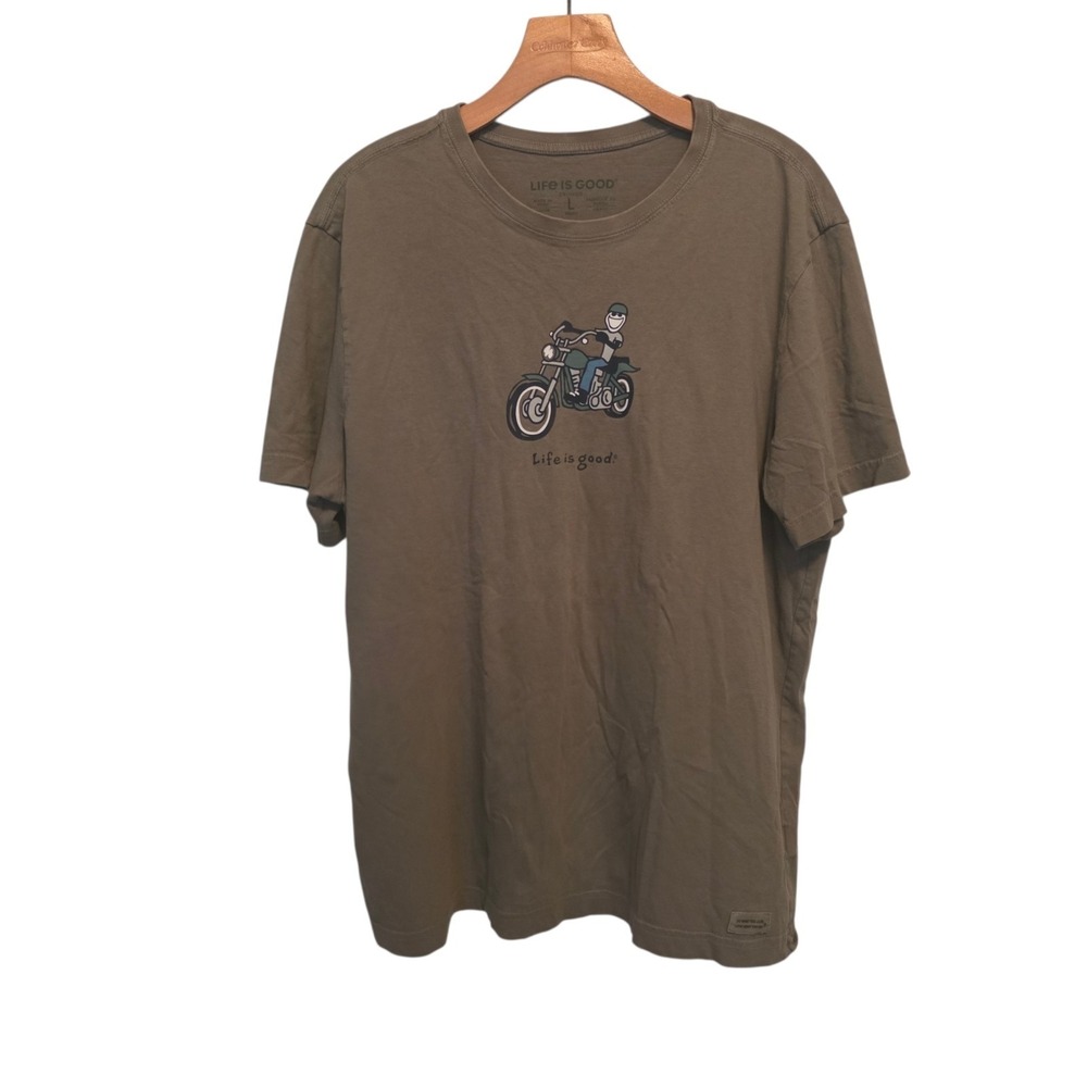 Life Is Good Crusher Tee Jake on Motorcycle Brown Short Sleeve Mens Size Large‎